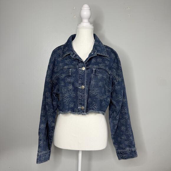 Dolls Kill x Le Lis Floral Embroidered Cropped Denim Jacket Women’s Medium - Picture 5 of 7